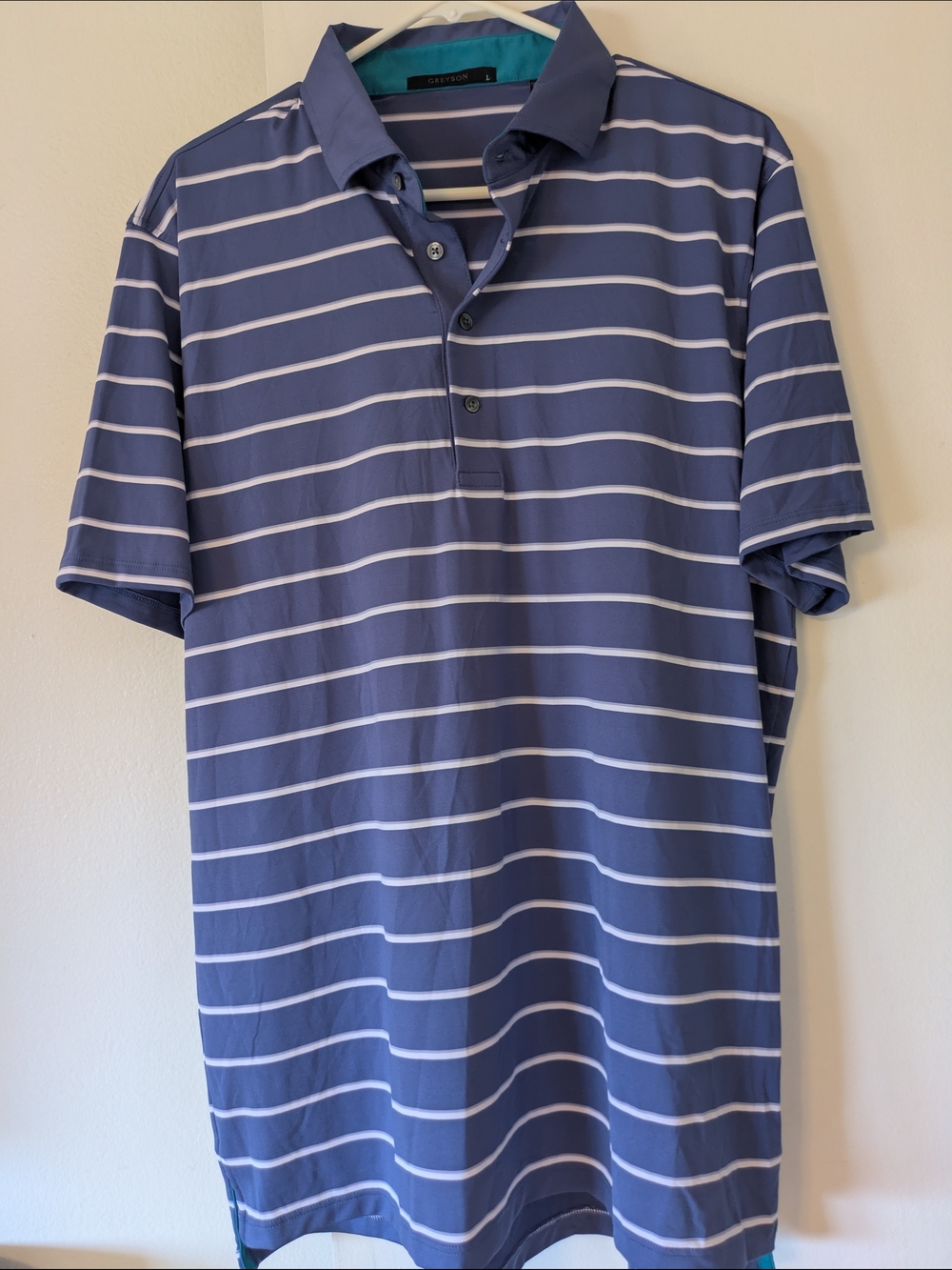 Greyson Blue and White Striped Polo- L ( NWOT)